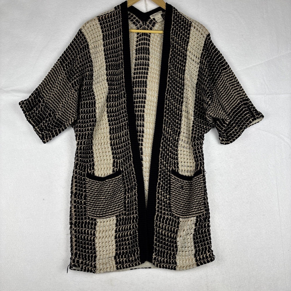 Lucky Brand Long Open Duster Cardigan Boho Open Knit Black Tan Striped S